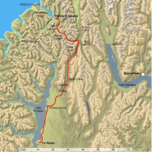Te Anau to Milford Sound map